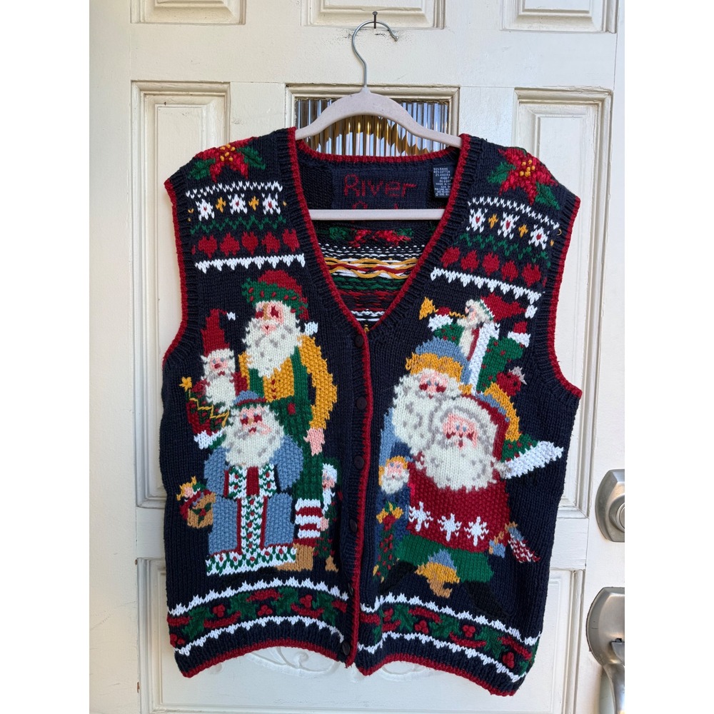Vintage River Art 1995 Christmas Santa Sweater Vest Navy Blue Women Size Medium